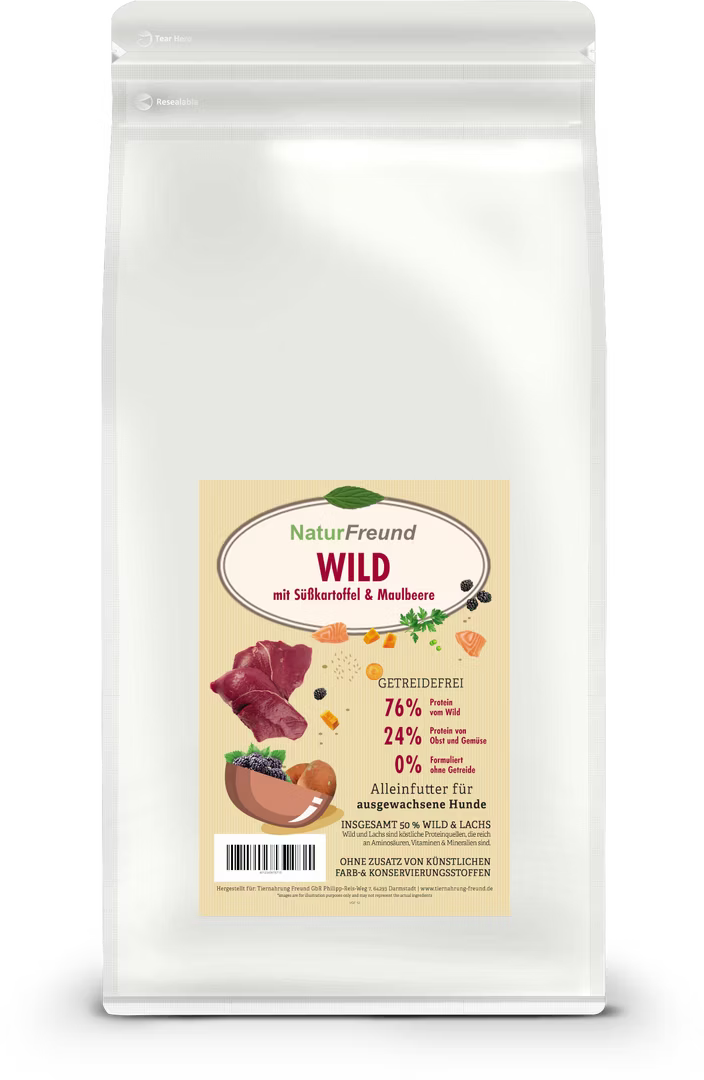 NaturFreund Wild mit Süßkartoffel & Maulbeere – Getreidefrei Trockenfutter für Hunde