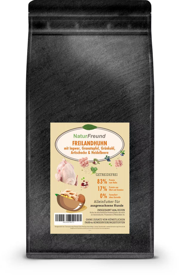 NaturFreund SUPERFOOD Freilandhuhn mit Ingwer & Granatapfel – Getreidefrei Trockenfutter Hund