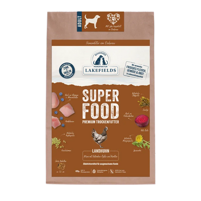Lakefields SUPERFOOD Premium Landhuhn Komplettmenü – Getreidefrei Trockenfutter für Hunde