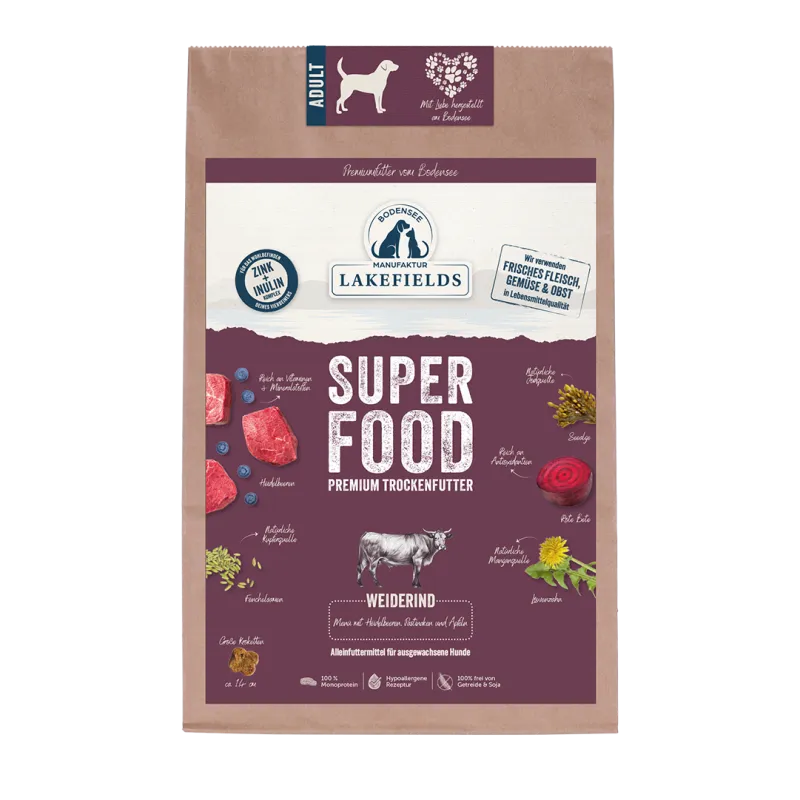 Lakefields SUPERFOOD Premium Weiderind Komplettmenü – Getreidefrei Trockenfutter für Hunde